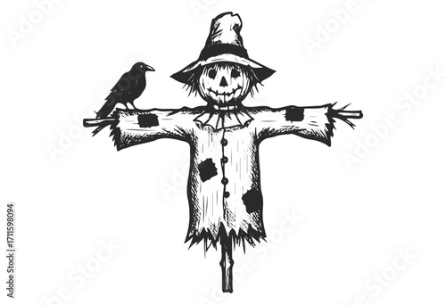 Scarecrow with crow on arm illustration - stock vector