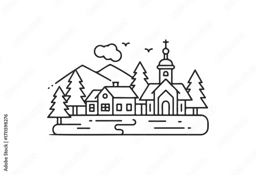Fototapeta premium Scenic mountain village with church surrounded by trees and mountains - stock vector