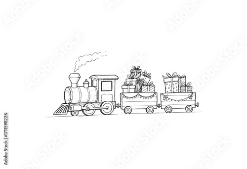 Vintage steam train carrying festive wrapped gifts in black and white holiday sketch - stock vector