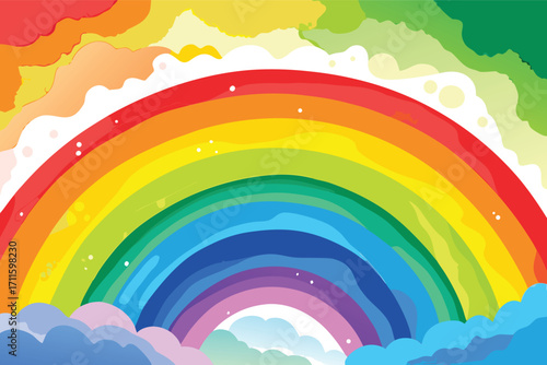Colorful rainbow arches over fluffy clouds in a bright sky full of vibrant colors