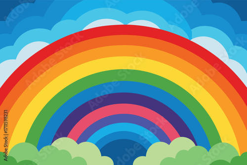 Colorful rainbow arching over green bushes against a blue sky with soft clouds during the day