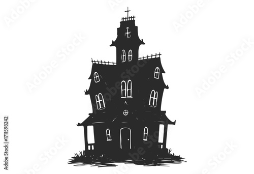 Spooky silhouette of a haunted gothic mansion with tower and cross - stock vector