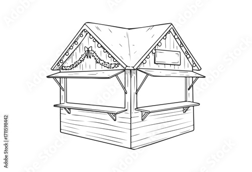 Empty christmas market stall with garland and string lights - black and white illustration - stock vector