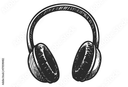 Monochrome headphones drawing: detailed hand-drawn illustration of modern audio equipment - stock vector