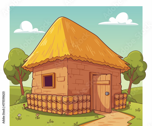 Charming Cartoon Style Cottage with Thatch Roof in Serene Countryside Setting