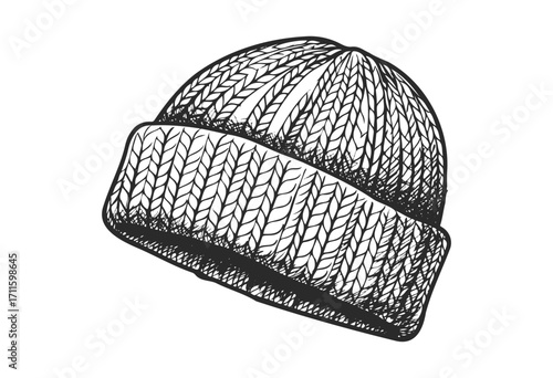 Hand-drawn woolen winter beanie hat with detailed knit pattern - stock vector
