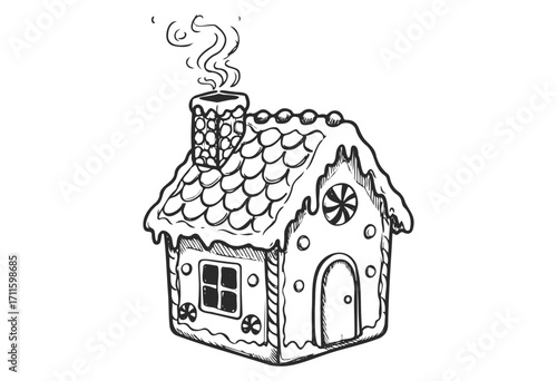 Cozy gingerbread house sketch with chimney and candy details - stock vector
