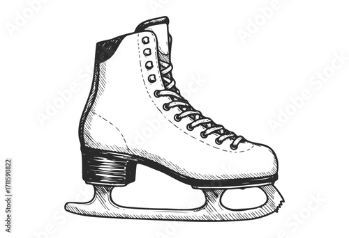 Detailed black and white ice skate drawing for winter sports art - stock vector