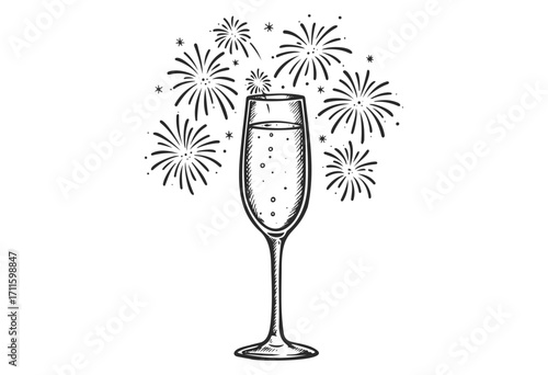 Sketch of champagne glass with fireworks celebration - stock vector