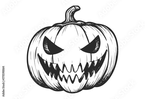 Scary jack-o'-lantern pumpkin sketch with fierce grin and dark eyes - stock vector