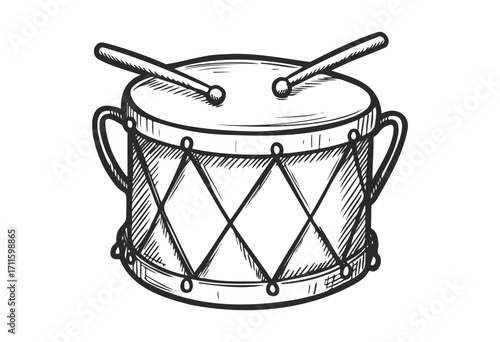 Illustrated drum with sticks and handles in black and white - stock vector