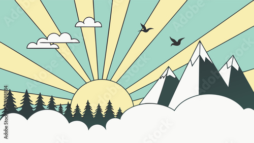 Illustration of a Sunrise Over Mountains with Trees and Blue Sky