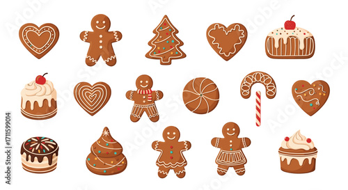 Collection of various gingerbread cookies and cakes for the holiday season.