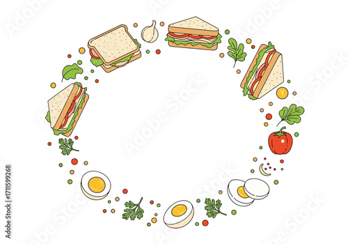 A healthy assortment of fresh sandwiches and boiled eggs arranged in a circular frame.
