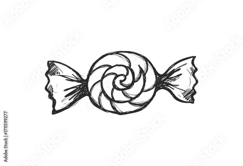 Hand-drawn swirled candy with wrapper in black and white sketch style - stock vector