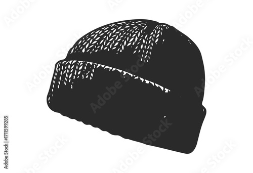 Black and white silhouette of a knitted winter hat with folded brim - stock vector