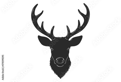 Black and white illustration of a deer head with antlers - stock vector