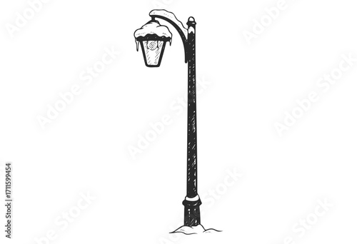Hand-drawn snow-covered vintage street lamp with ice - stock vector