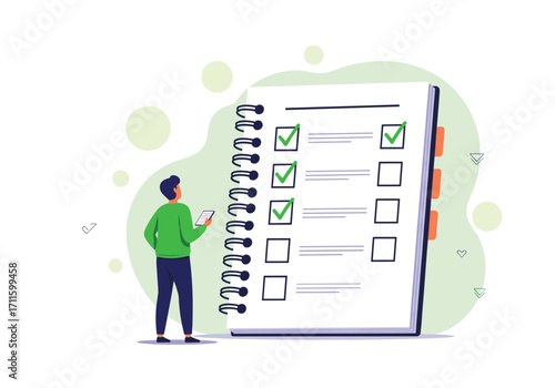 A man checks off tasks on a large checklist with checkboxes.