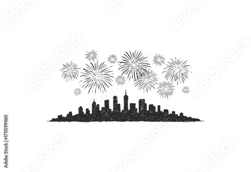 City skyline with fireworks in black and white silhouette - stock vector