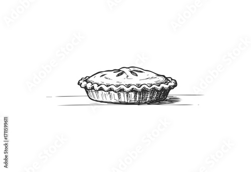 Black and white hand-drawn apple pie sketch with lattice crust - stock vector