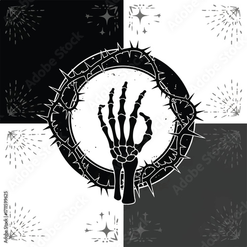 Skeleton hand reaching from a crown of thorns on a black and white checkered background with starbursts.