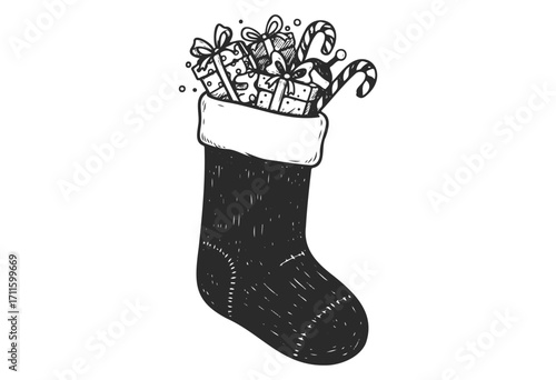 Festive christmas stocking filled with gifts and candy canes - stock vector