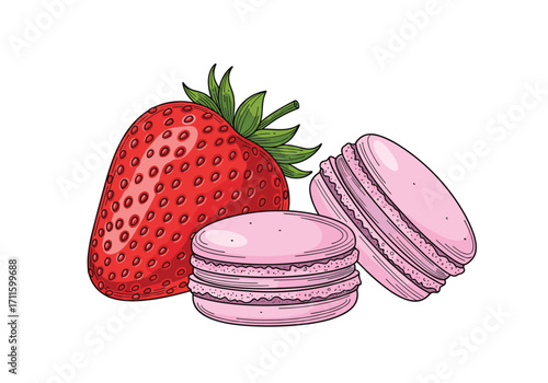 A delightful close up of fresh red strawberry and pink macarons.