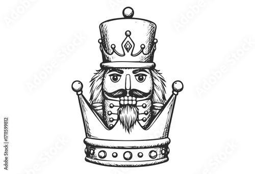 Ornate nutcracker king sketch with crown and mustache in black and white - stock vector