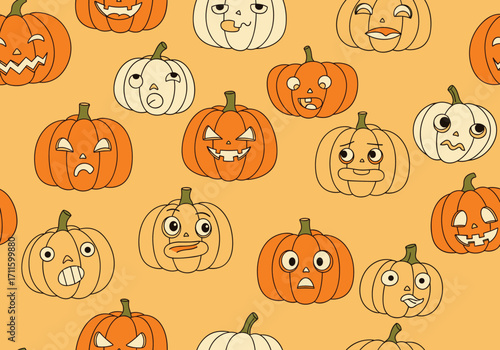 A seamless pattern of various Halloween jack o lantern faces.