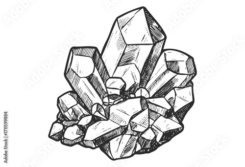 Intricate monochrome crystal cluster drawing in vintage style - stock vector