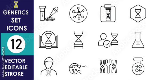 A collection of twelve minimal line-style genetics vector icons featuring DNA strands, chromosomes, lab equipment, human profile, molecular structures, editable stroke designs, and scientific elements