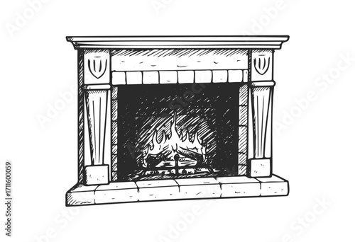 Vintage hand-drawn fireplace illustration with flames and columns - stock vector