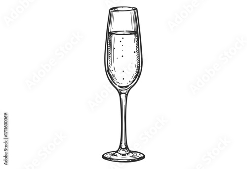 Detailed sketch of a champagne flute with bubbles - stock vector