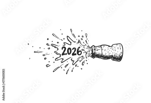 2026 celebration illustration with champagne cork and splashing effect - stock vector