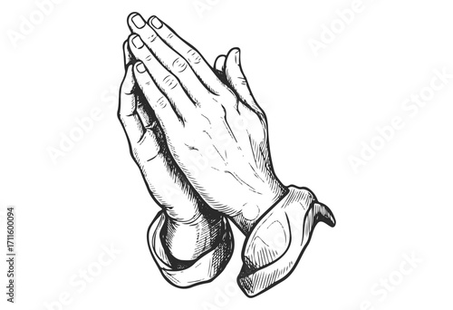 Detailed black and white sketch of praying hands symbolizing faith and devotion - stock vector