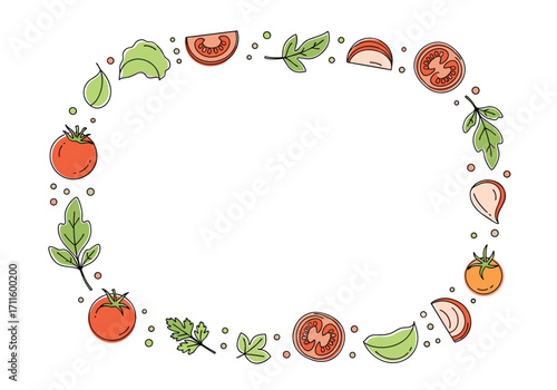 Fresh tomato and basil border with leaves and seeds decoration.