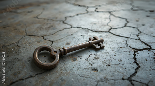 A worn, rusty key lies abandoned on a dusty, cracked concrete floor, symbolizing obstacles, hindrances, and barriers