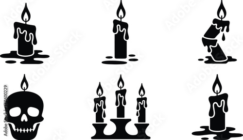 Set of six black silhouette illustrations of dripping candles and a skull