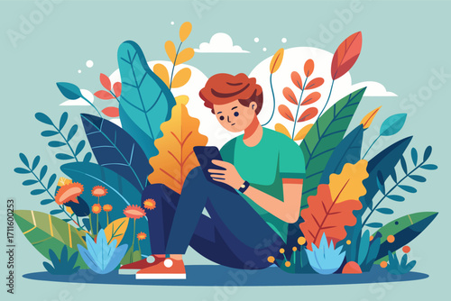 Young person enjoying time in nature while using smartphone surrounded by colorful plants and leaves