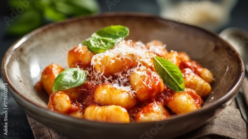 Enjoying delicious italian gnocchi pasta with fresh tomato sauce and basil in an elegant restaurant