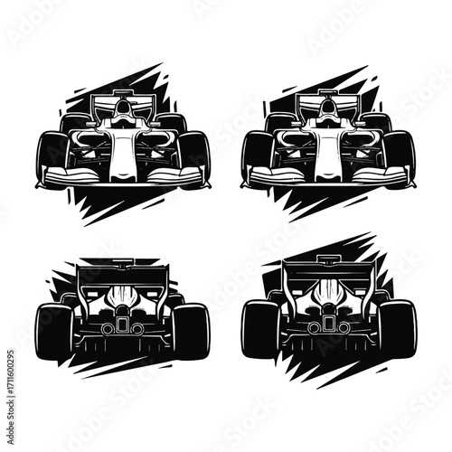Monochrome illustration of four Formula 1 race cars, front and rear views, with dynamic black background.