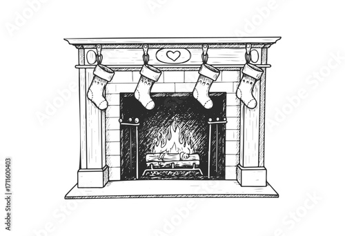 Hand-drawn fireplace with hanging christmas stockings and burning log - stock vector