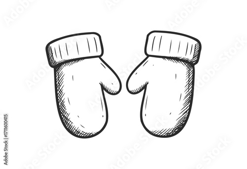 Black and white sketch of cozy knitted mittens - stock vector