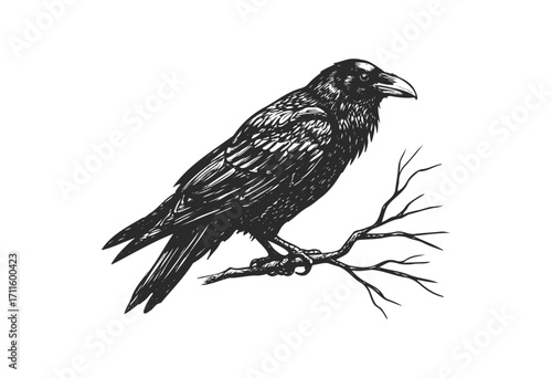 Detailed black and white illustration of a raven perched on a branch - stock vector