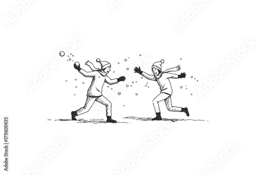 Playful children engaged in a snowball fight in winter attire - stock vector