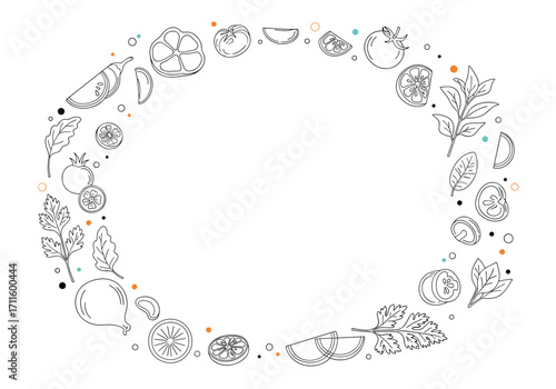 A decorative oval frame made of various small food doodles and scattered dots.
