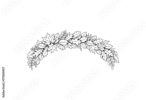 Detailed black and white botanical leaf garland illustration with intricate patterns and textures - stock vector