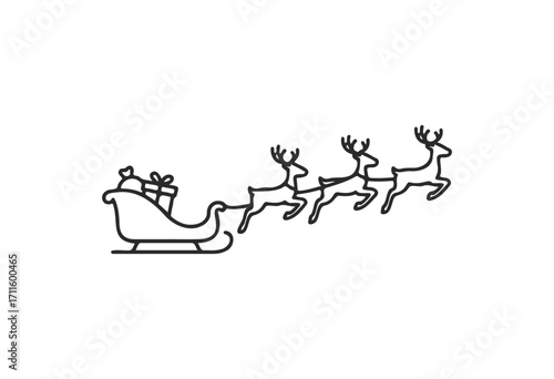 Minimalist reindeer and sleigh line art with gift bag - stock vector
