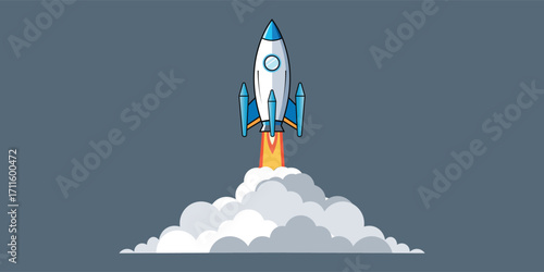Cartoon rocket ship launching into space with smoke
